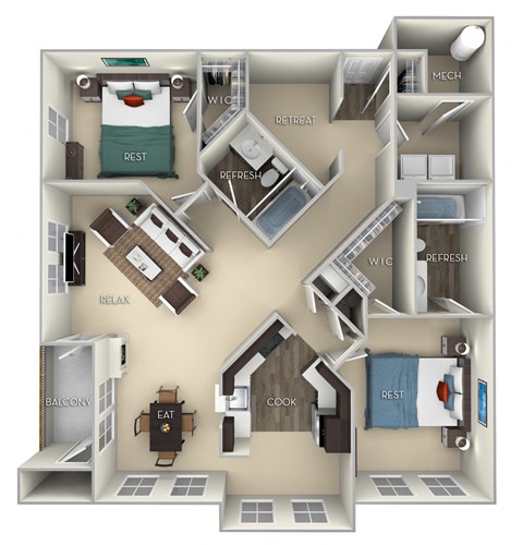 Floor plan for 2 beds, 2 baths, 1186 sqft